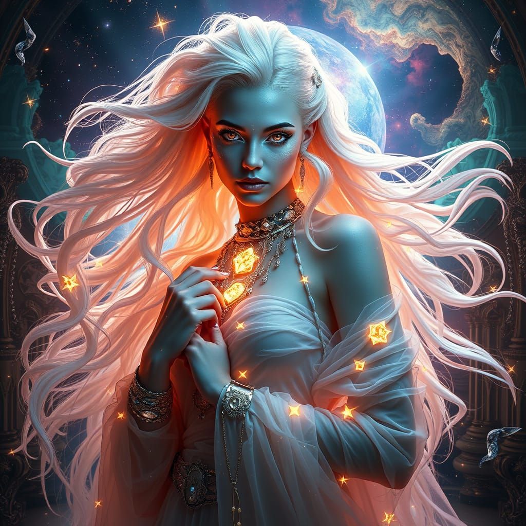 Dreamlike Androgynous Figure in Cosmic Baroque Setting