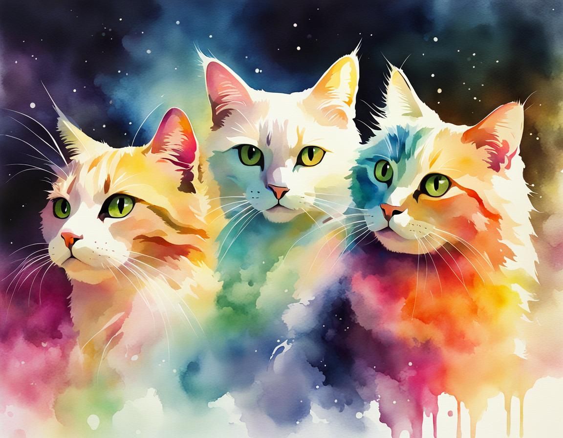 Fantasy Cats in Light Watercolor Wash