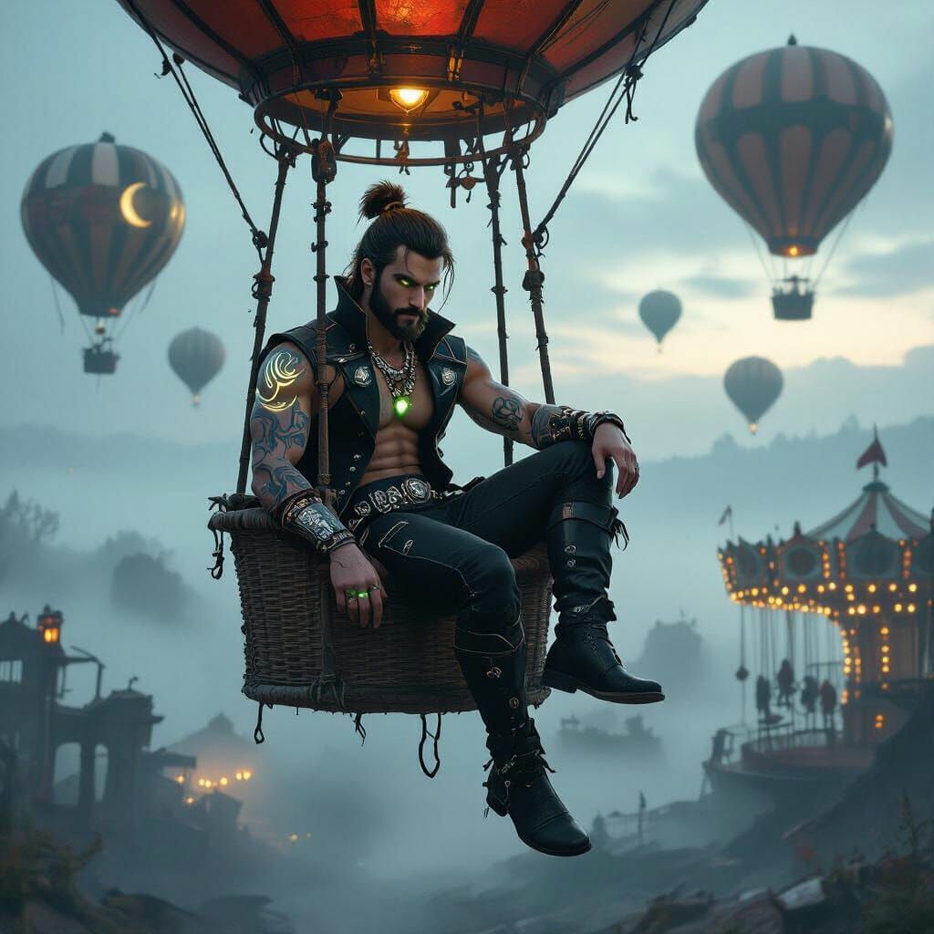 Moonbug Over Foggy Carnival in Hot Air Balloon