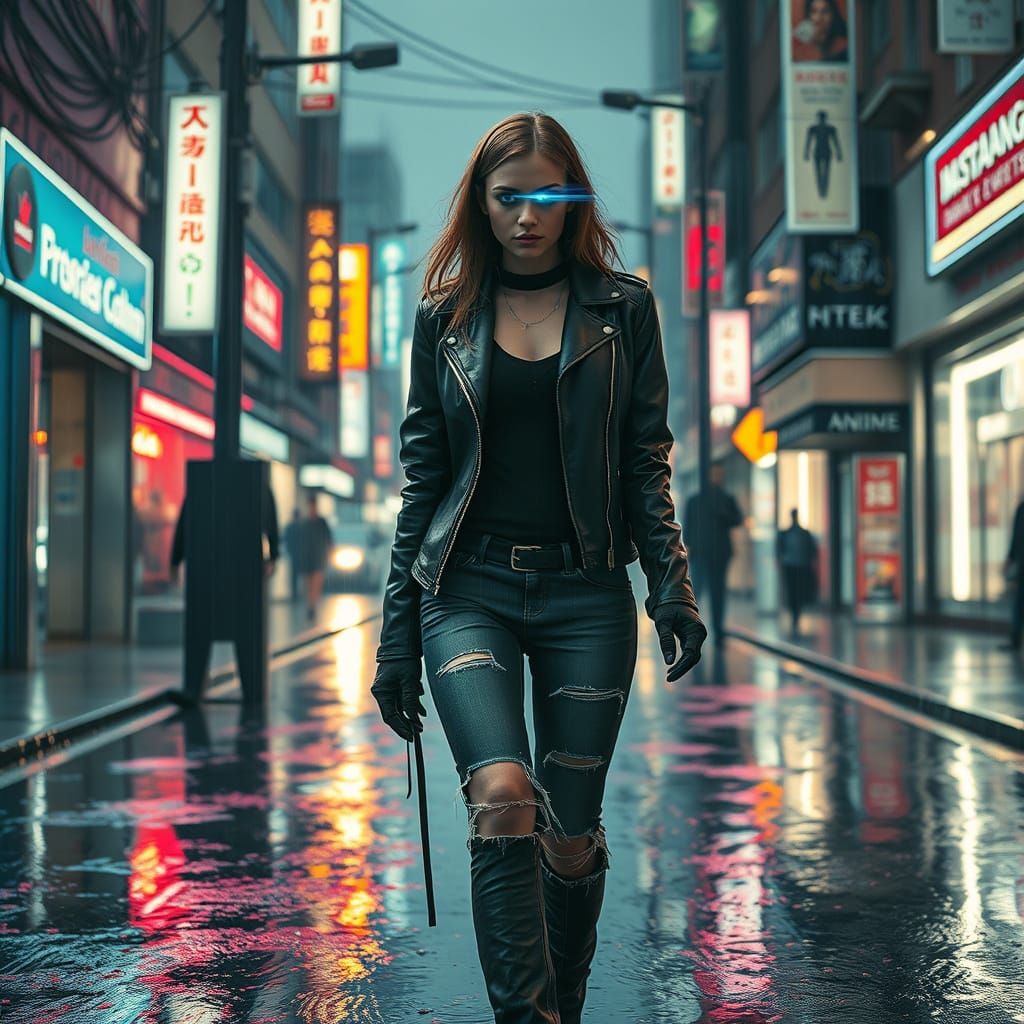 Cyberpunk Woman in Rain-Slicked Neon City