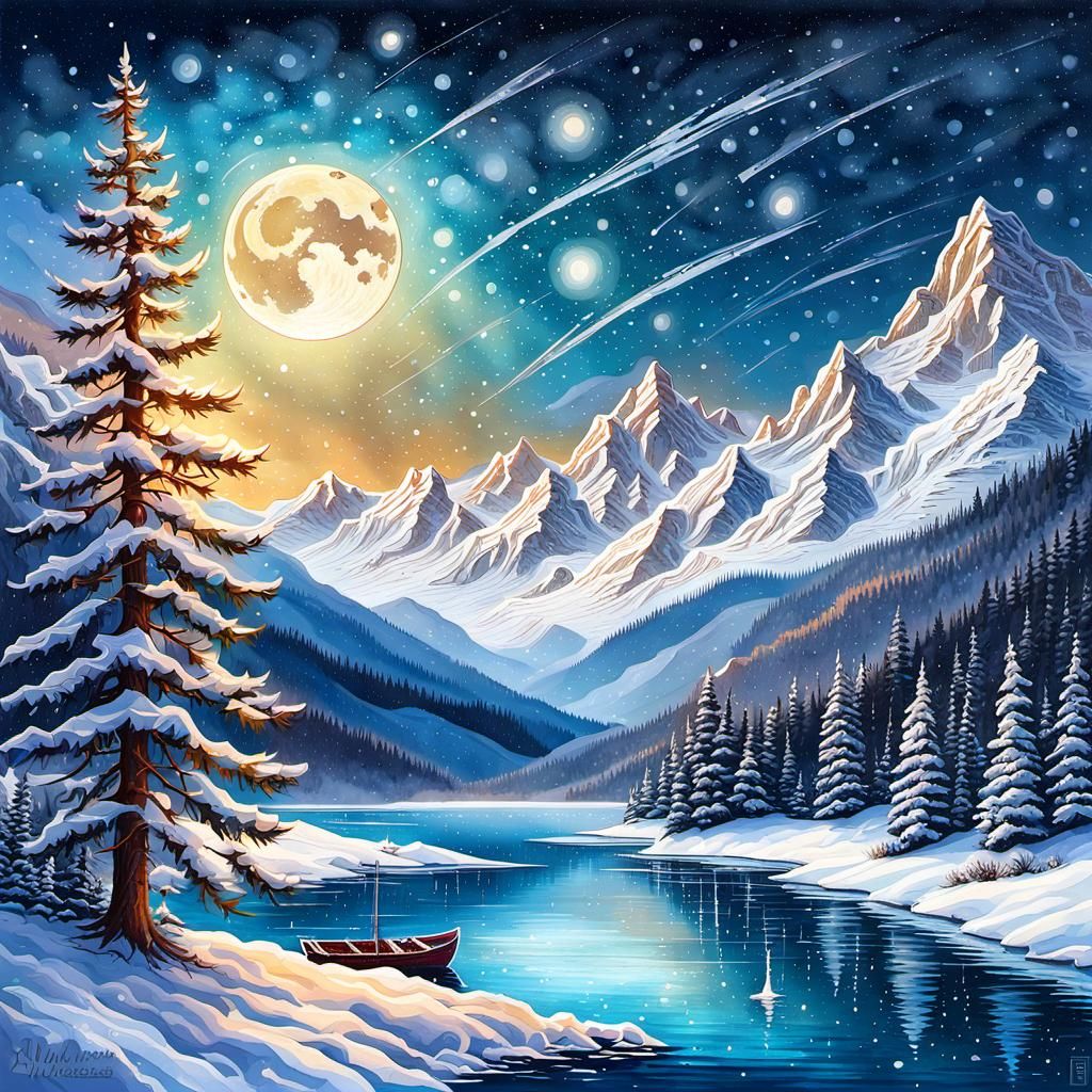 Winter Landscape with Fishing Boat in Crochet Sky