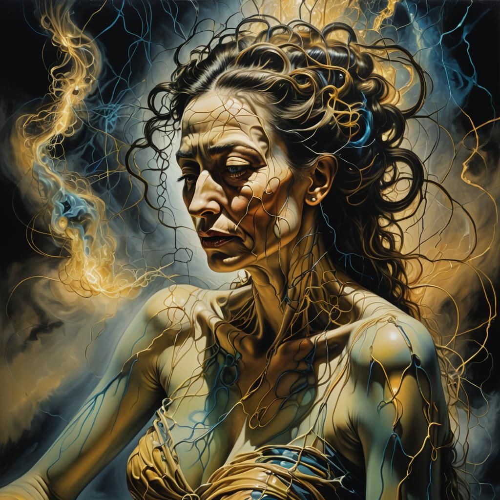 Agonized Woman in Fibre-Optic Light: Surreal Oil Painting