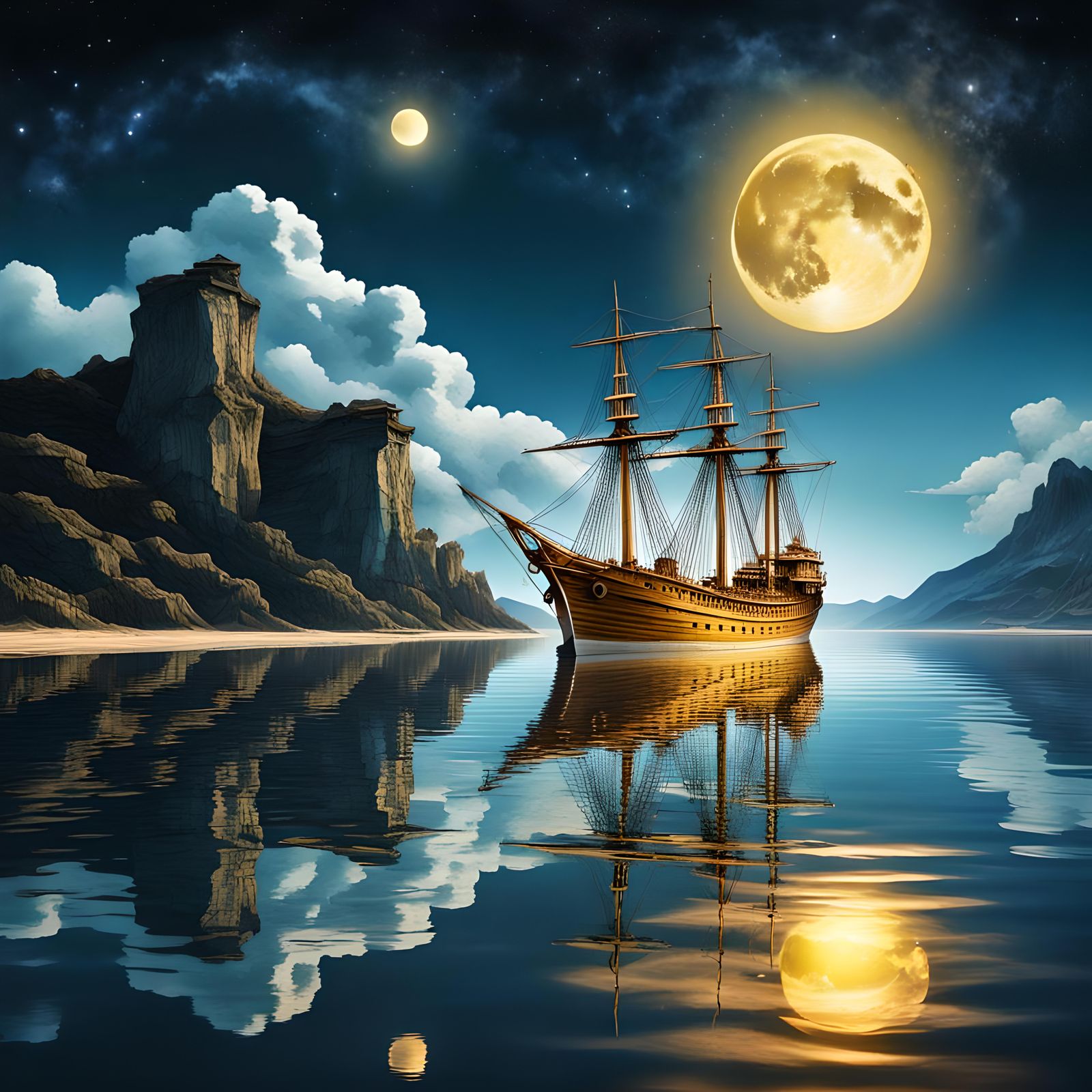 Man's Reflection in Golden Ocean at Night