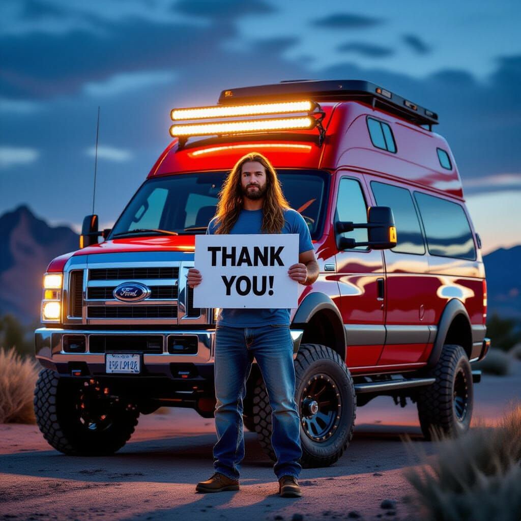 Gratitude Expressed by Man in Front of Off-Road Van