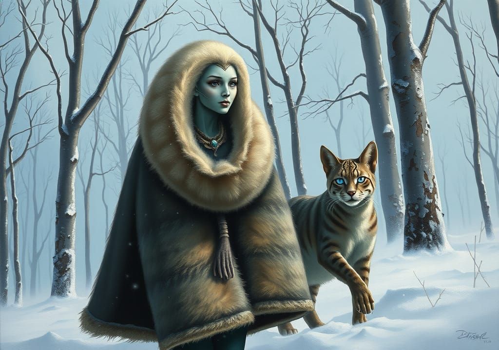 Alien Woman and Cat Creature in Frozen Wilderness