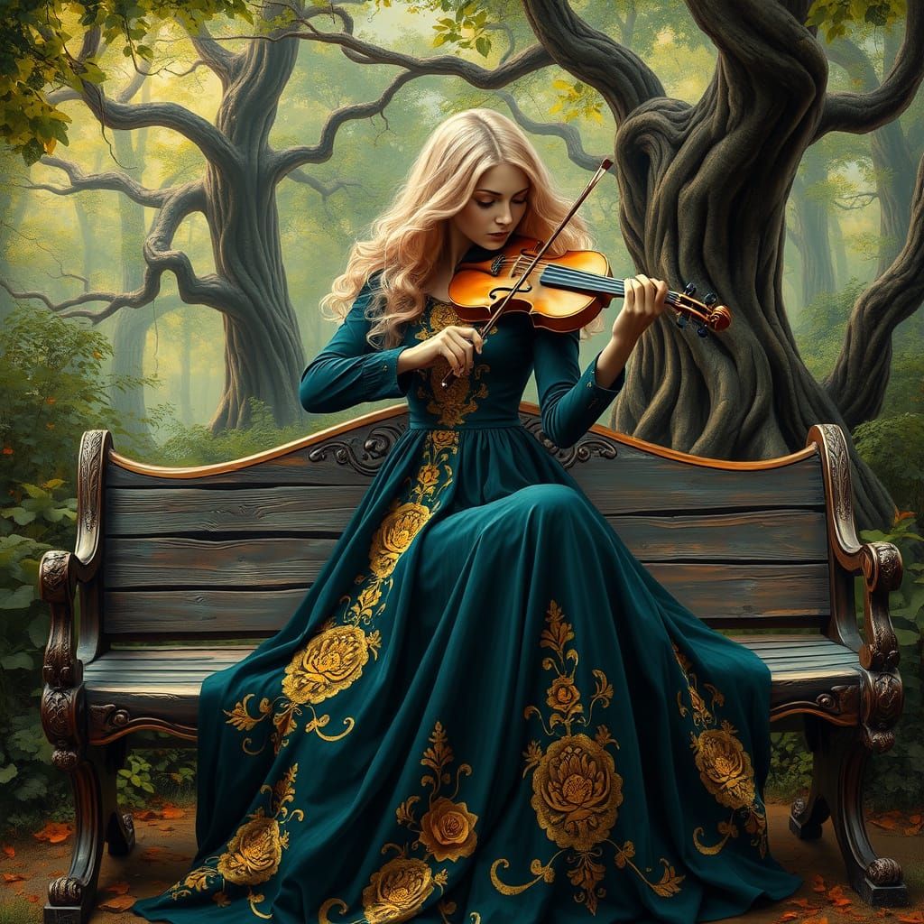 Golden Goddess of Music in Mystical Forest