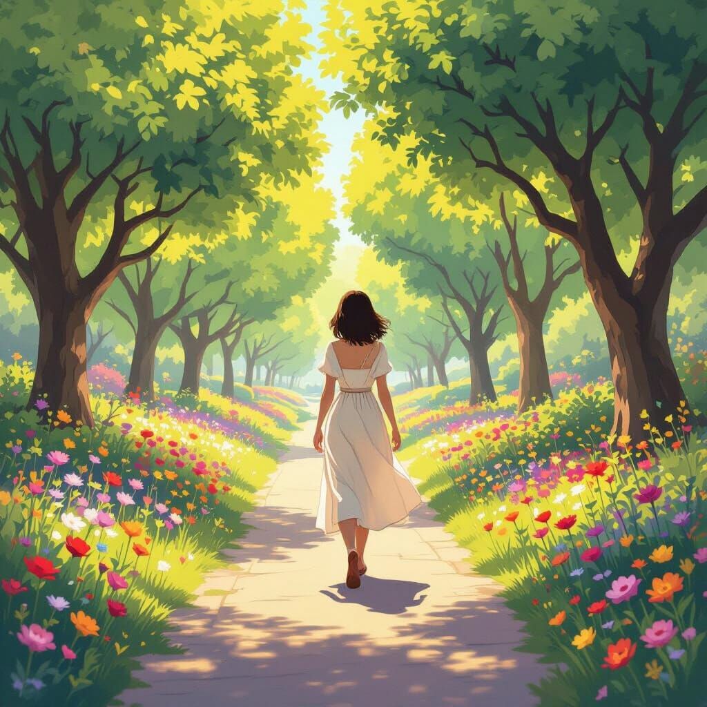 Woman Walks in Vibrant Park, Animated Style