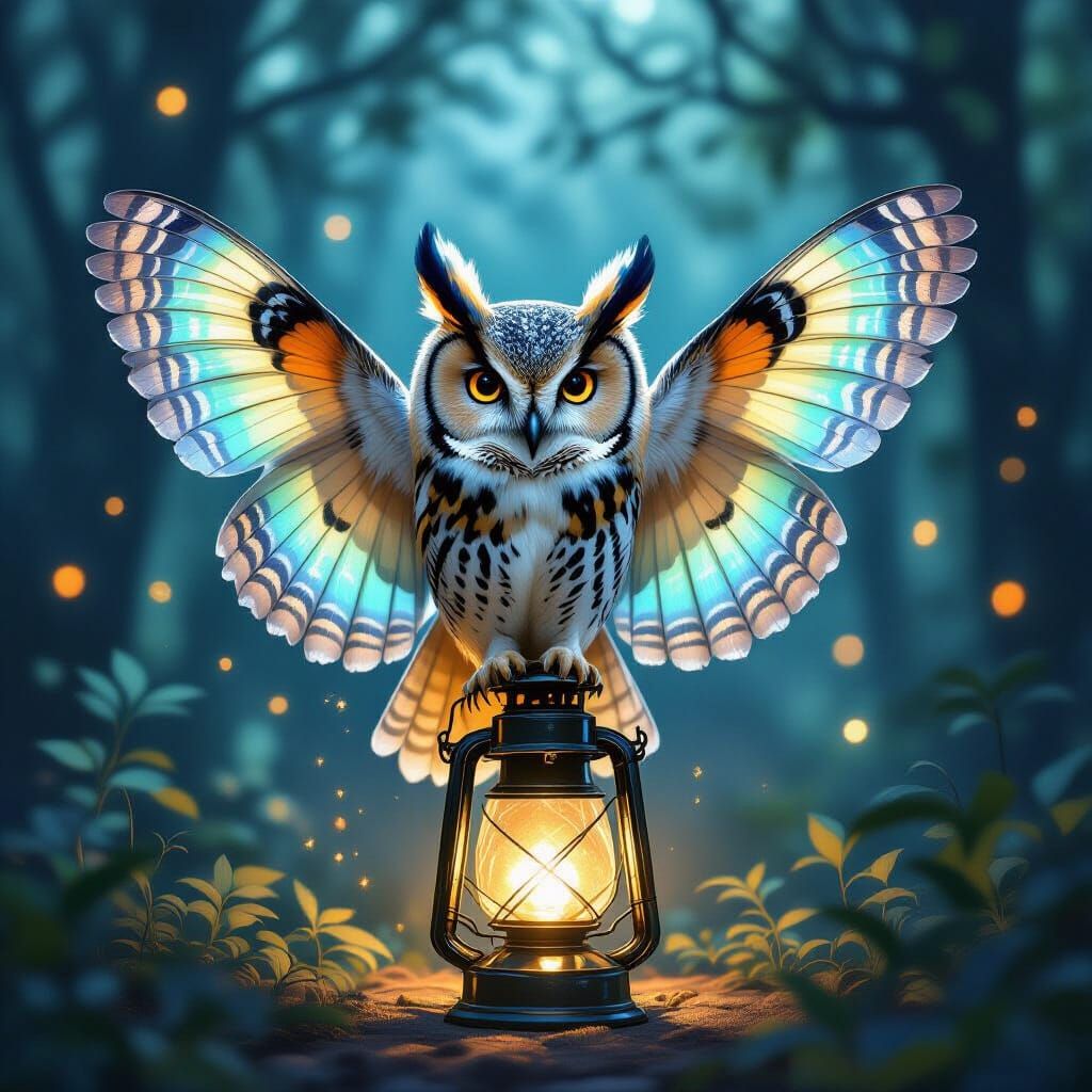 Iridescent Owl-Moth on Glowing Lantern
