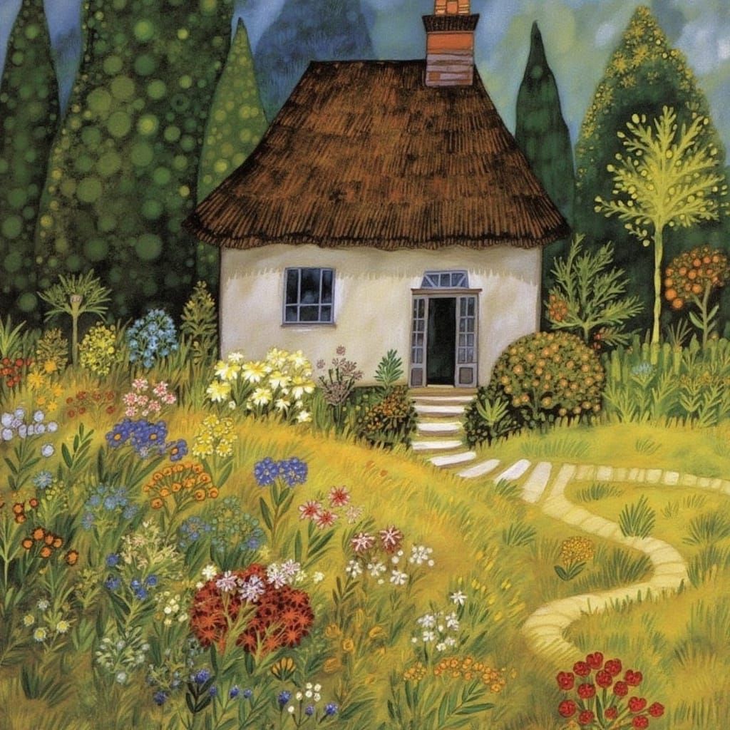 Whimsical Fairytale Cottage Amidst a Blooming Garden