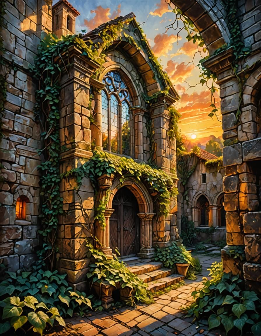 Roman Chapel at Sunset: Acrylic Painting