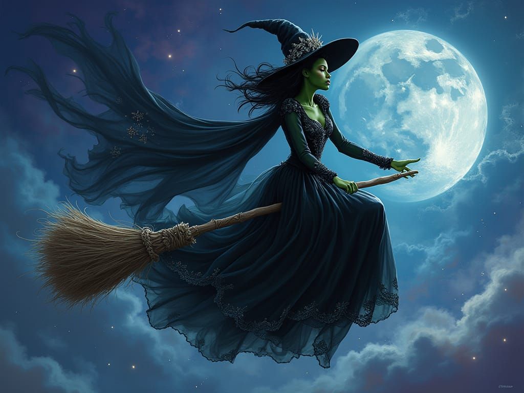 Mystical Elphaba soars through a moonlit sky, resplendent in...