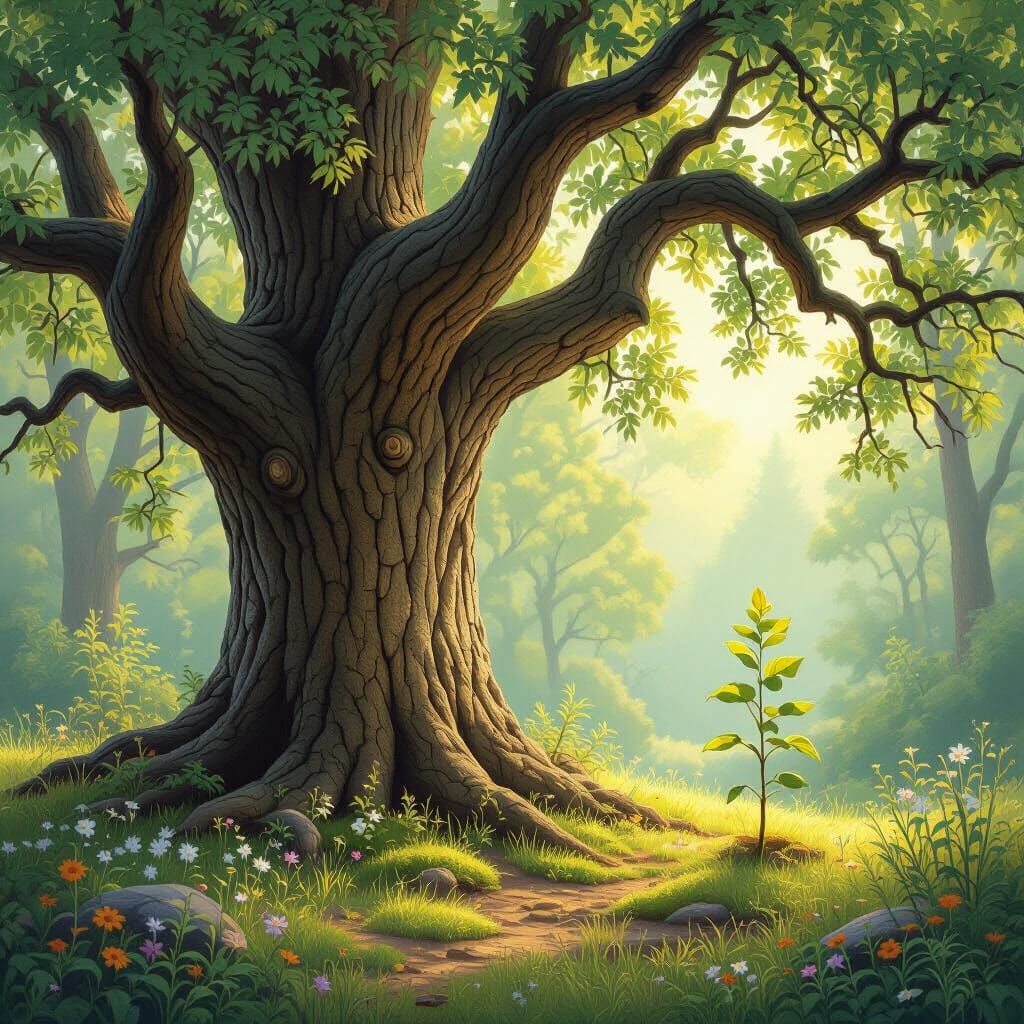 Old Oak Tree Shares Stories with Sapling