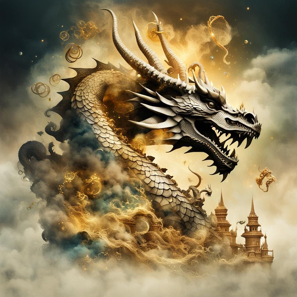 Dragon Beside a Treasure Hoard in Ethereal Style