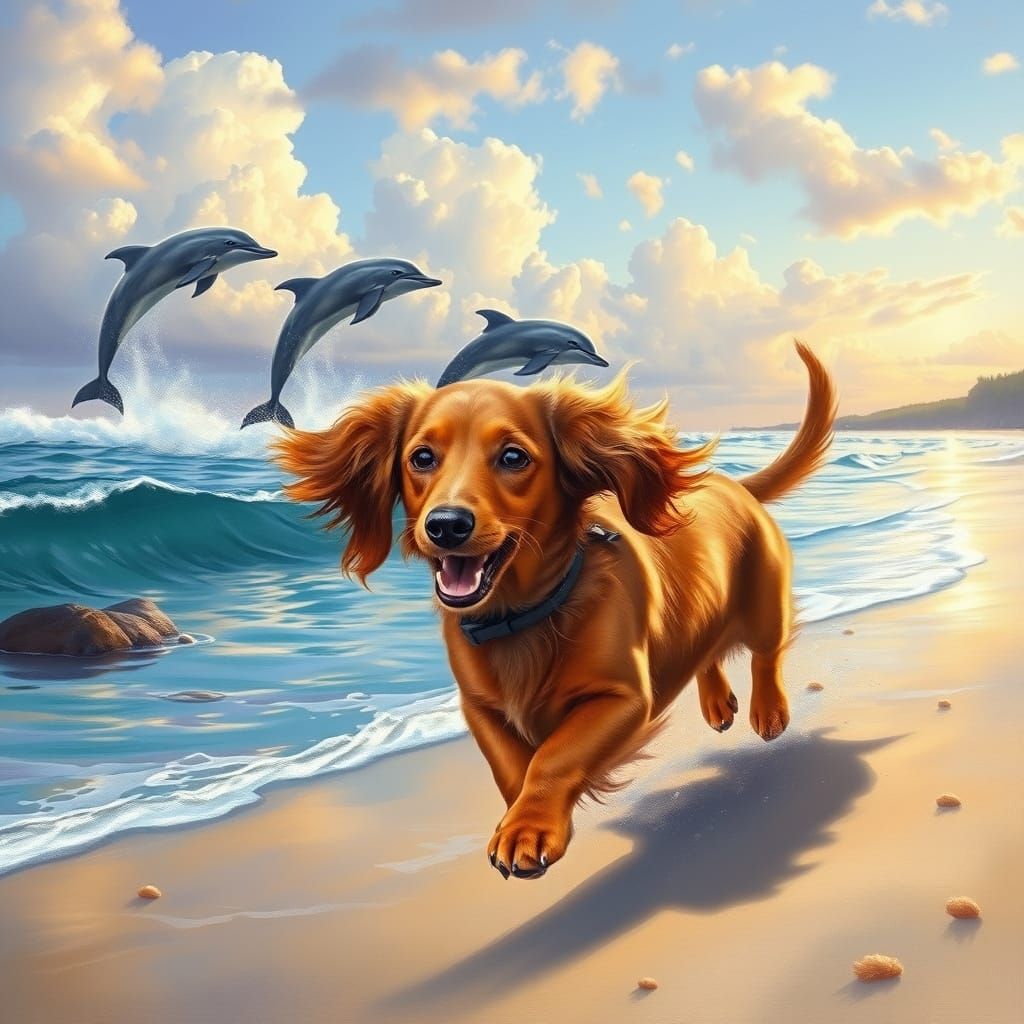 Dachshund Chases Dolphins on Enchanted Beach