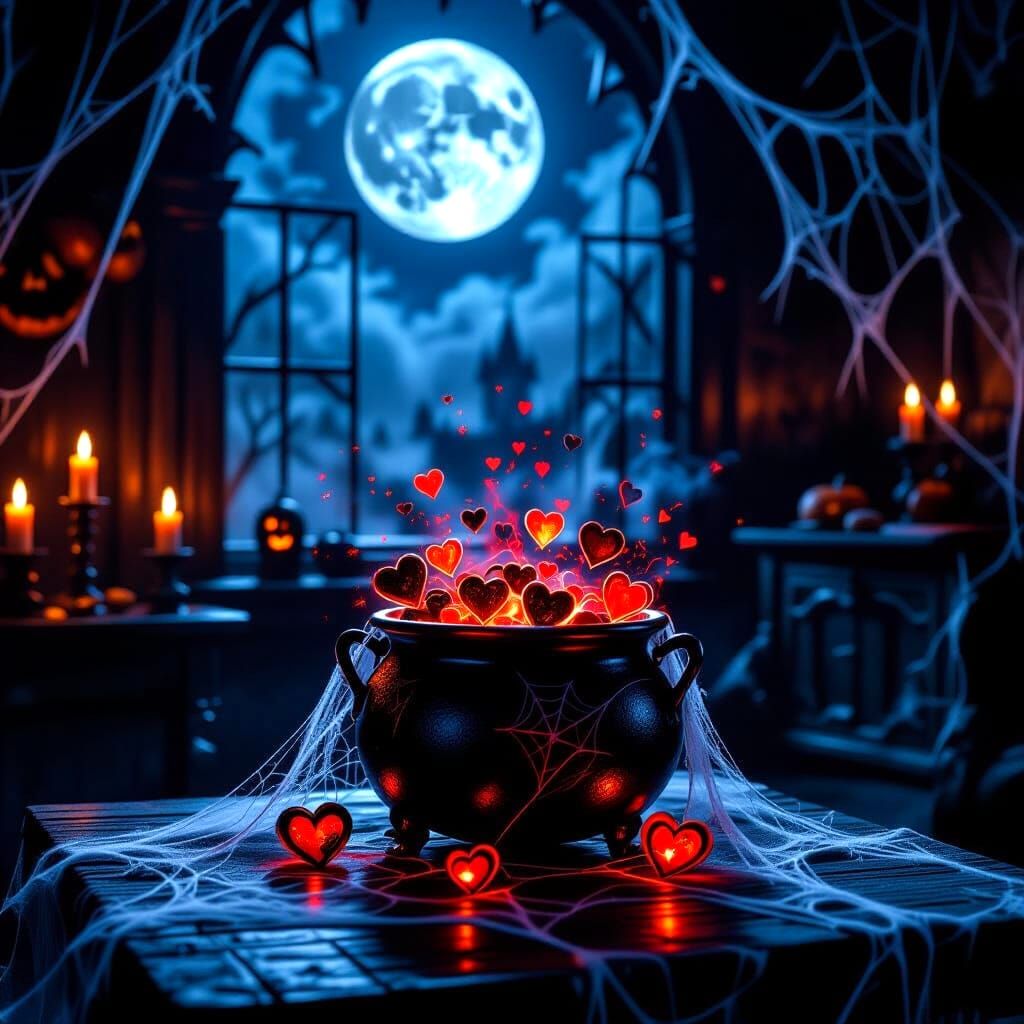 Gothic Halloween Living Room with Glowing Cauldron