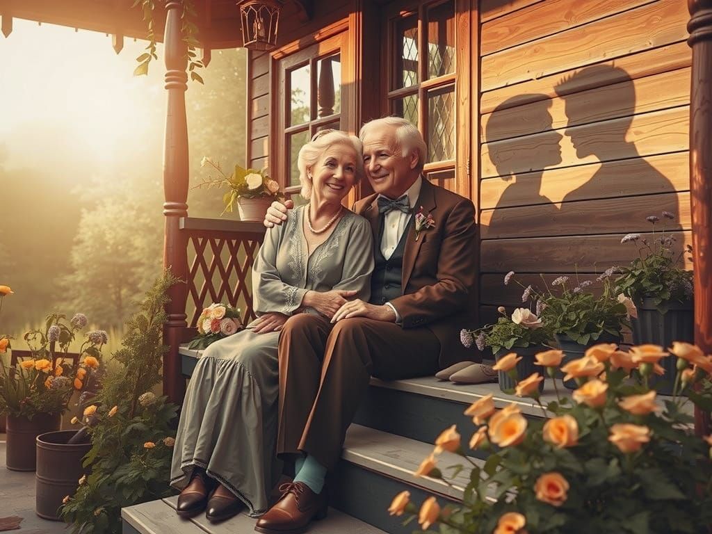 Elderly Couple's Nostalgic Porch Scene in Golden Light