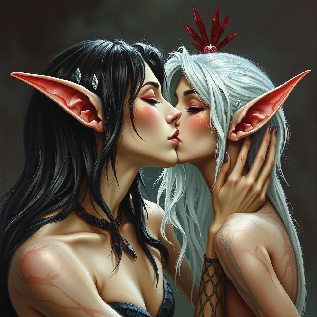 Romantic Elf and Human Kiss: Oil Painting