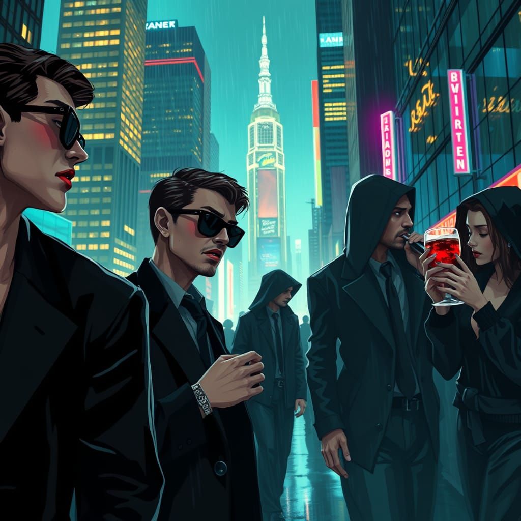 Gothic Urban Nightlife in Neon-Lit Cityscape