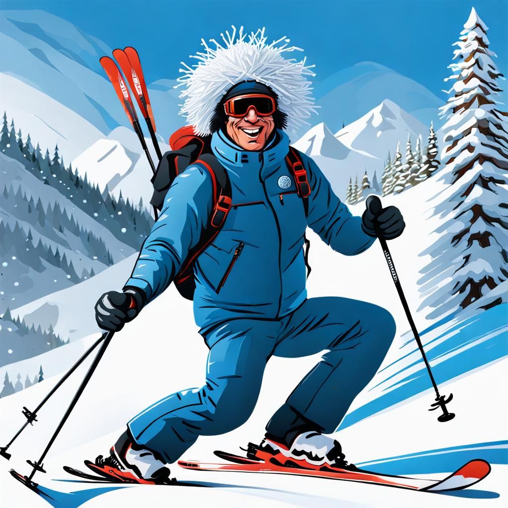 Humorous Caricature: Ski Instructor with Pine Needle Wig