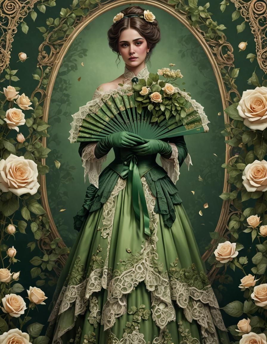 Victorian Woman in Green Roses, Detailed Digital Art