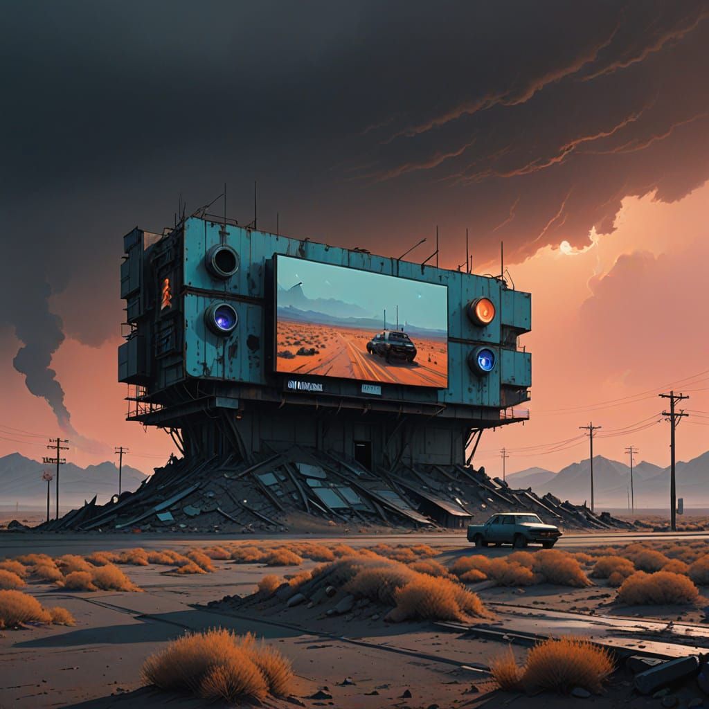 Cyberpunk Billboard in Desert Landscape