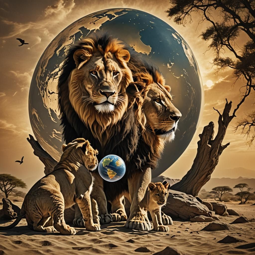 Lion Silhouette Observes Earth and Hourglass