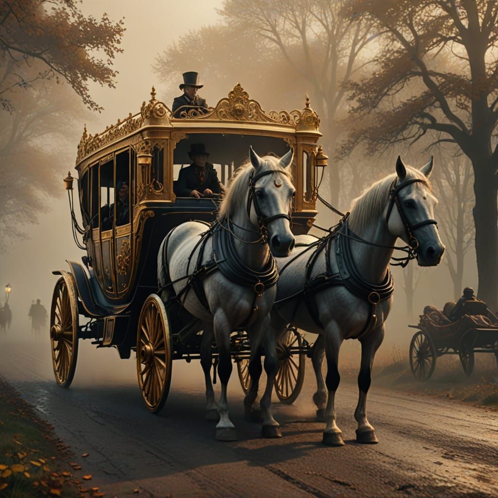 Surreal Horse-Drawn Carriage in Mystical Fog