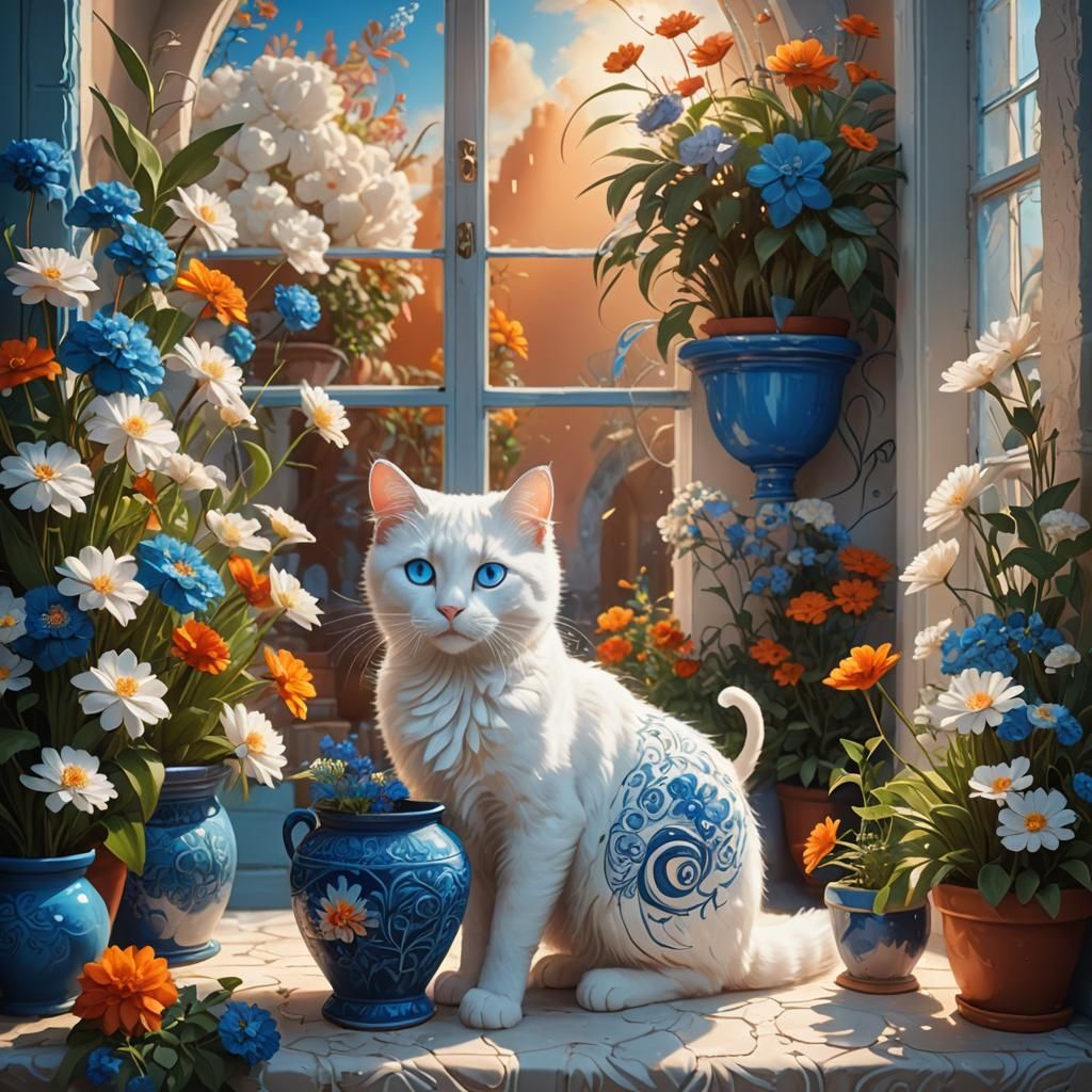 White Cat with Blue Eyes in Dreamy Digital Art