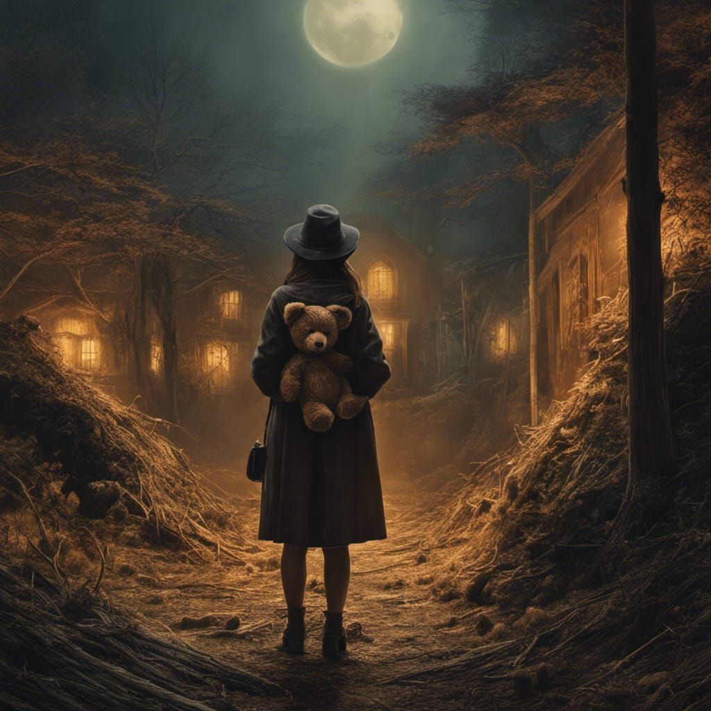 Sinister Shadow: Girl and Teddy Bear in Horror Style