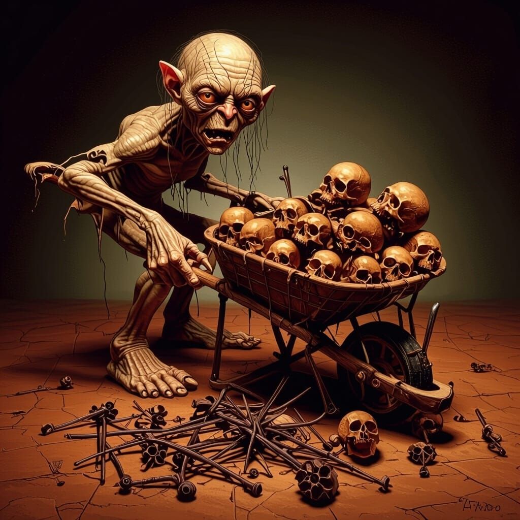 Gollum with Skulls in Beksiński Style
