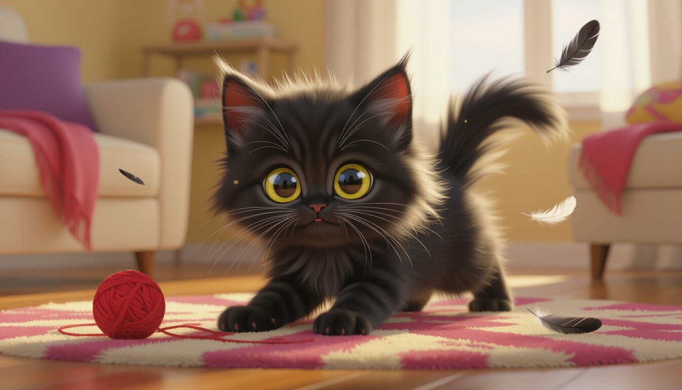 Fluffy Black Kitten Mid-Zoomies on Colorful Rug