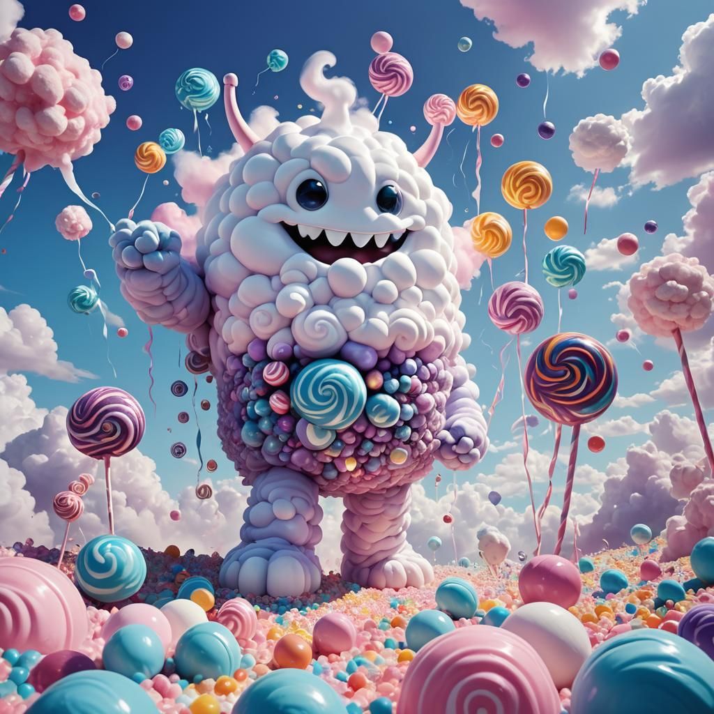 Fluffy Marshmallow Monster in Candy Cloud Landscape