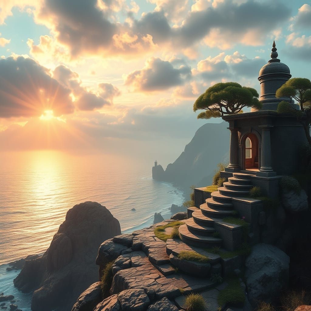 Epic Ocean Cliff Meditation Garden in Cinematic Digital Art