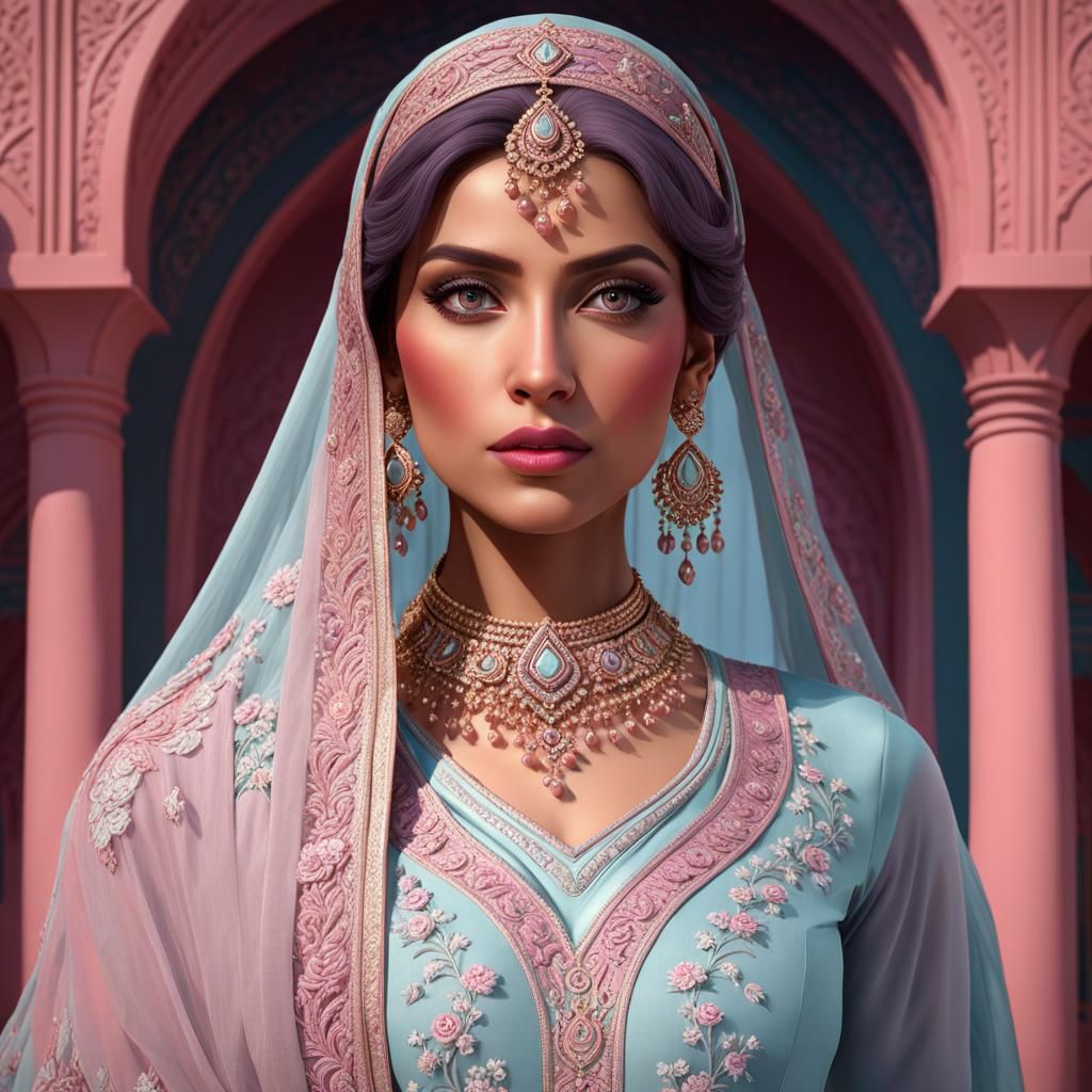 Pakistani Woman in Arctic Blue Salwar Kameez, Art Nouveau St...