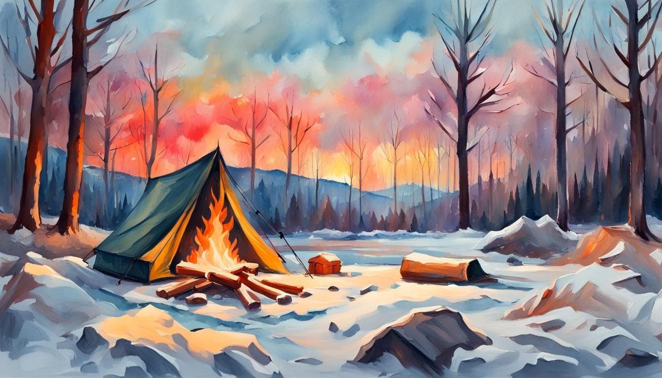 Winter Campfire Scene in Gouache Watercolor Style
