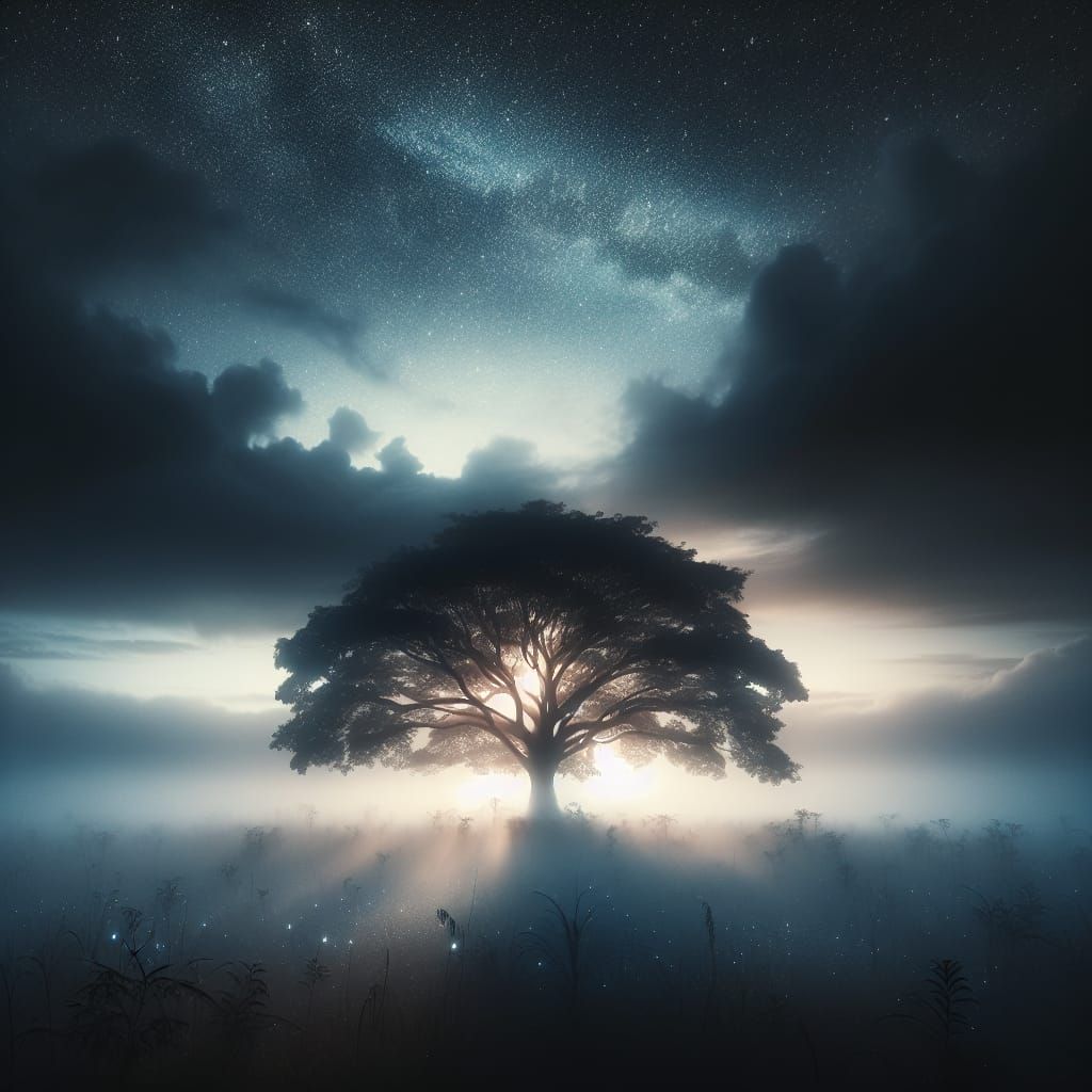 Mystical Tree of Life Emerges from Dawn Mist