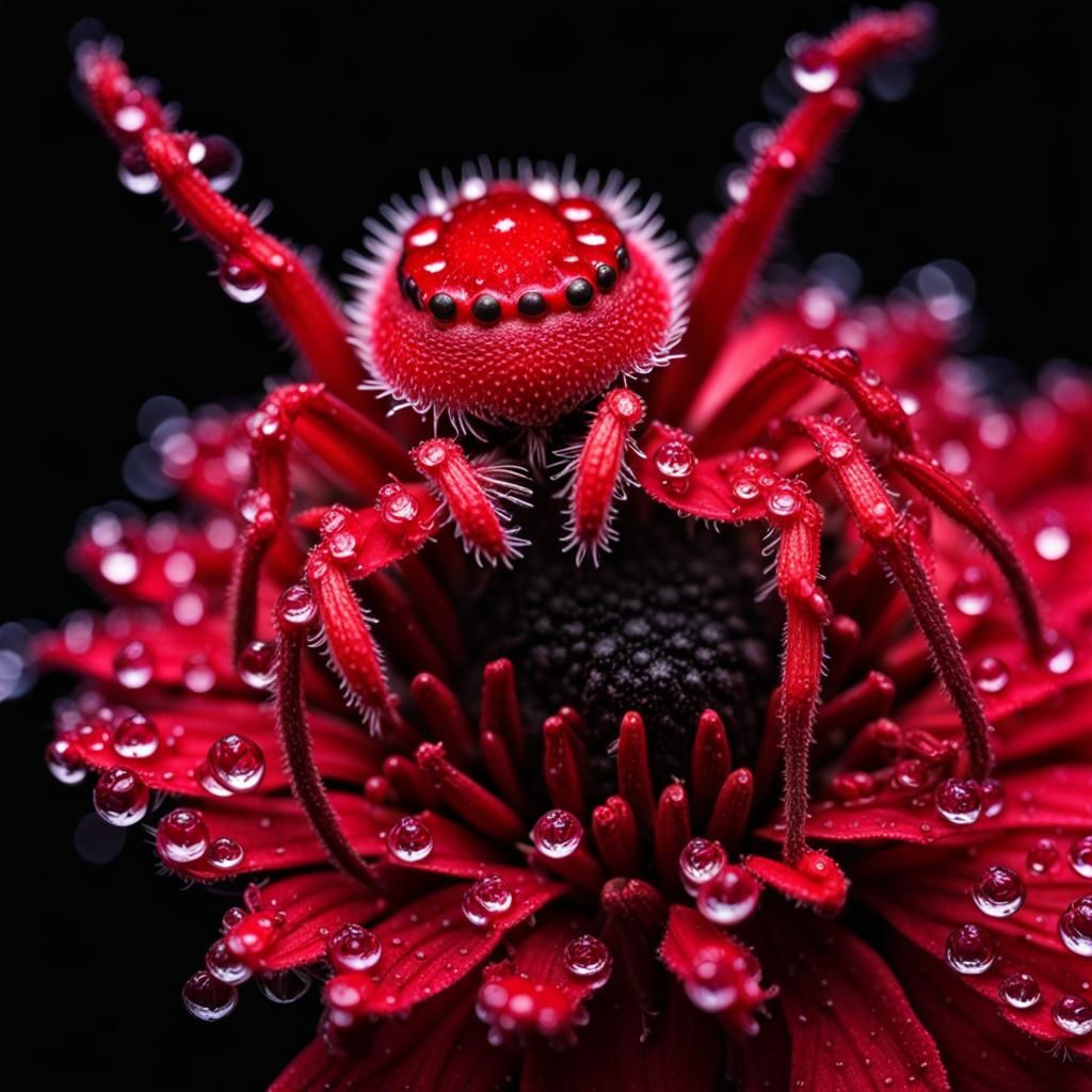 Crimson Spider on Exotic Flower in Jungle Moonlight