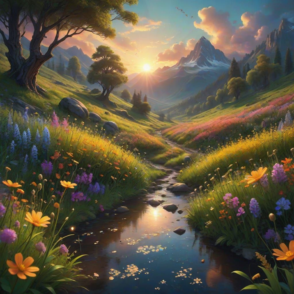 Ethereal Valley of Wildflowers in Vibrant Cinematic Style