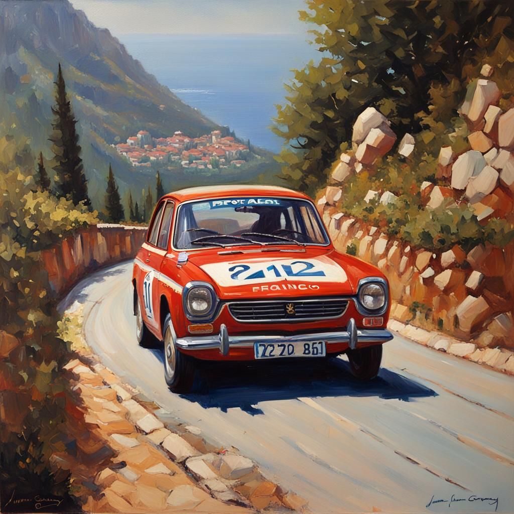 Peugeot 204 Rally in Monaco, Oil Painting
