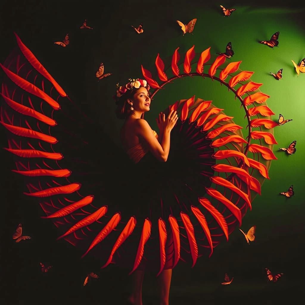 Woman in Citrus Light Gown with Butterflies