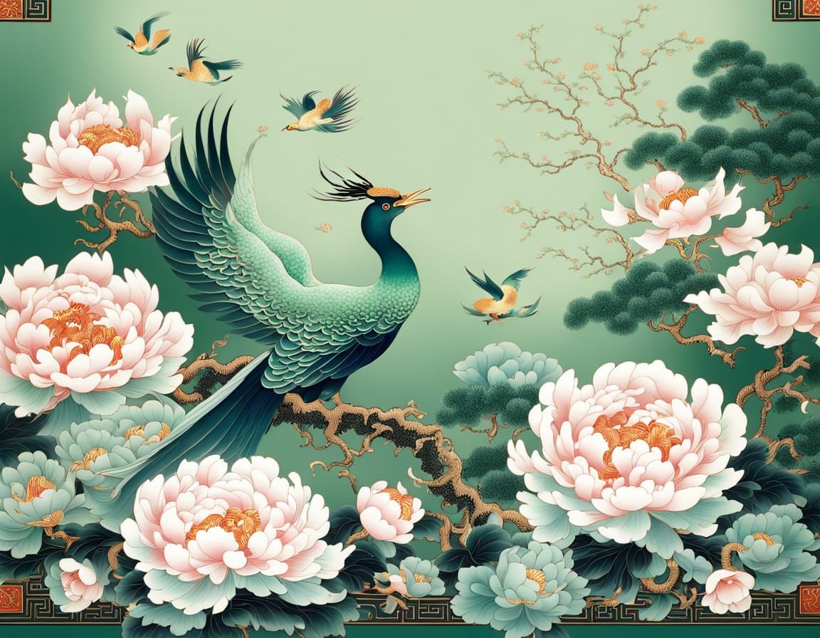 Ethereal Phoenix Dance Amidst Peonies in Celadon Glory