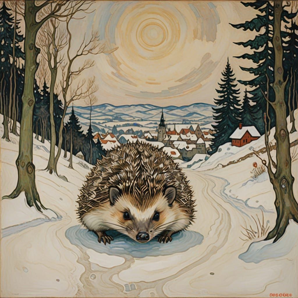 Surreal Winter Scene with Hedgehog in the Style of Egon Schi...