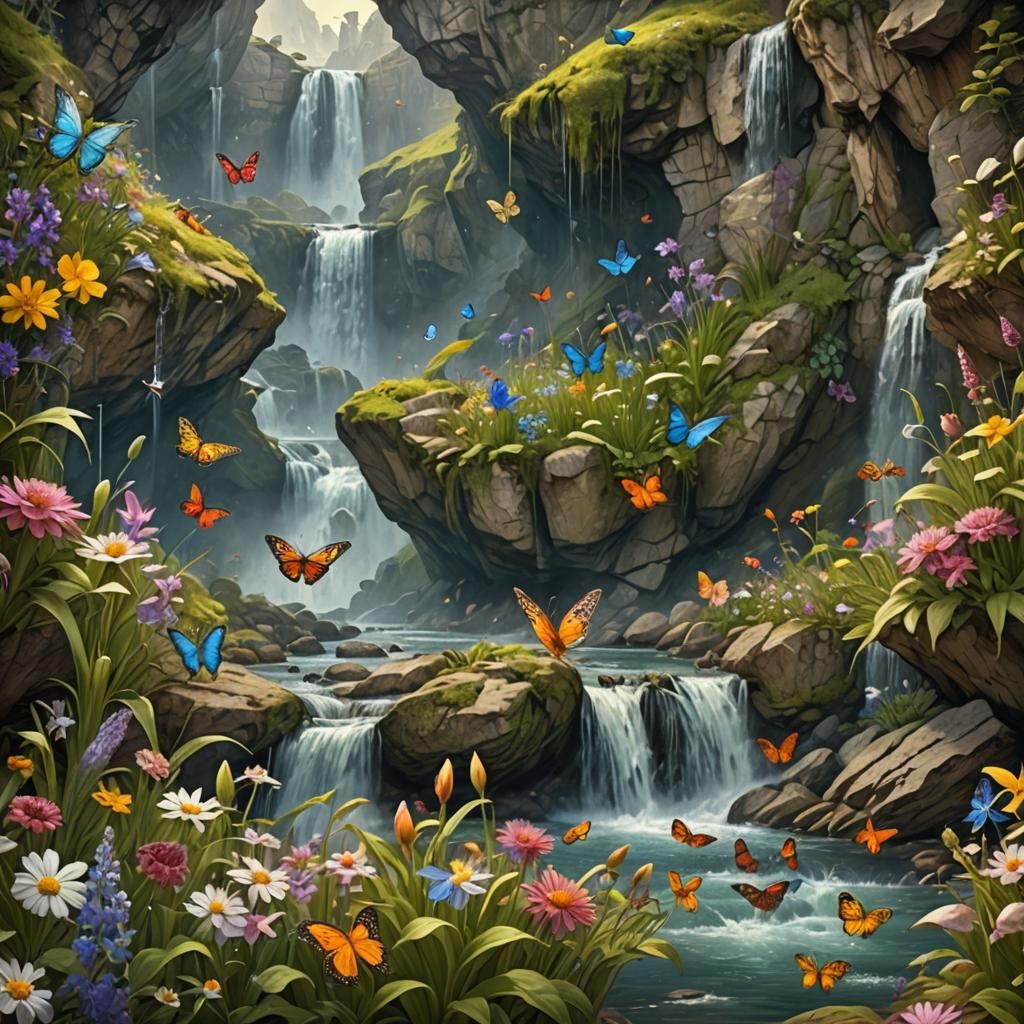 Fantasy Waterfall Scene with Birds and Butterflies