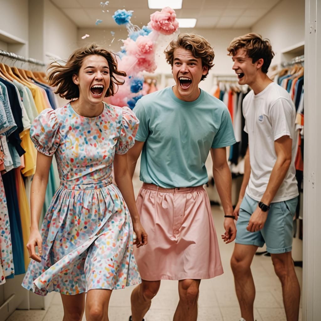 Playful Fitting Room Portrait with Laughter and Pastel Hues