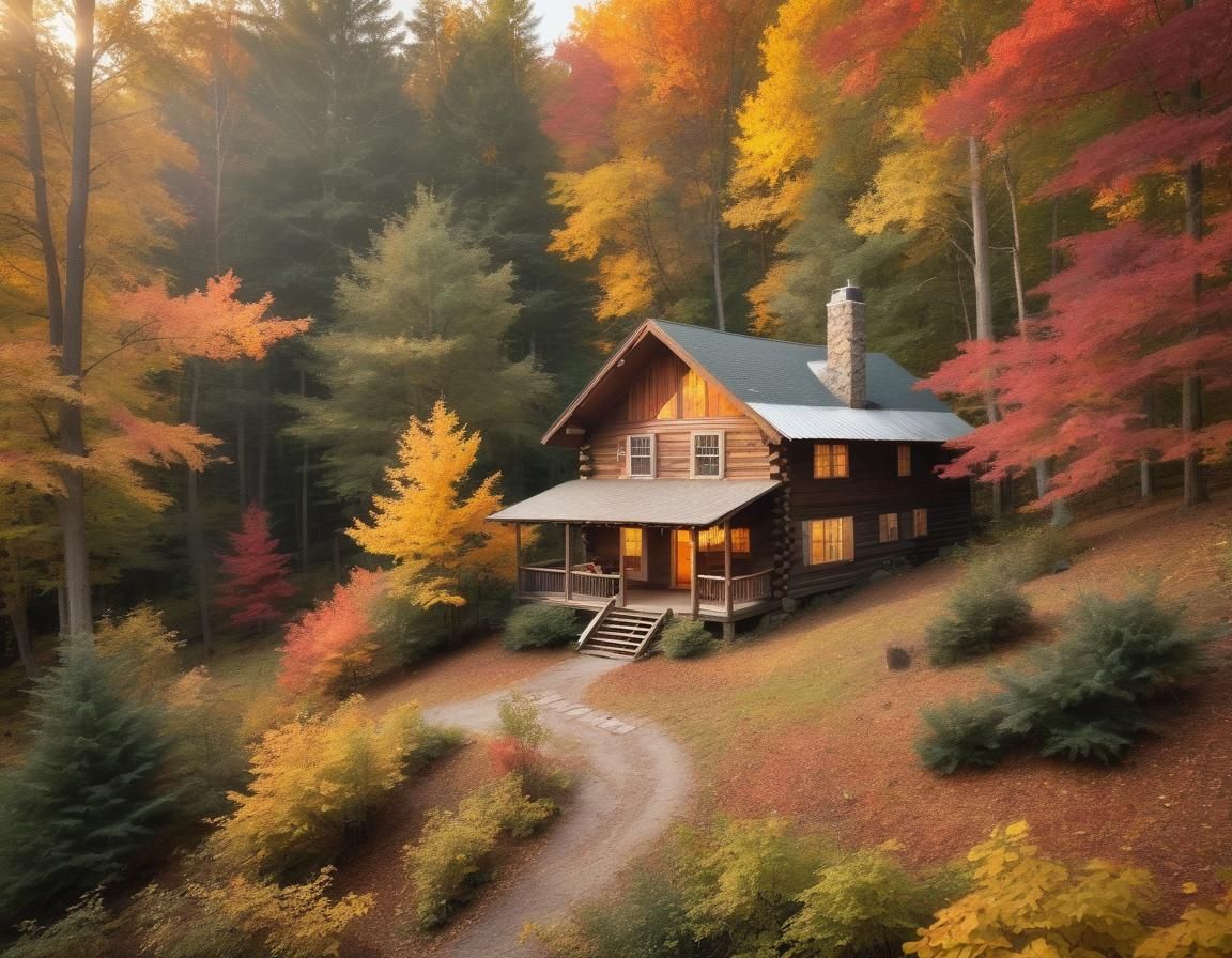 Autumn Cabin in Woods with Heavenly Light