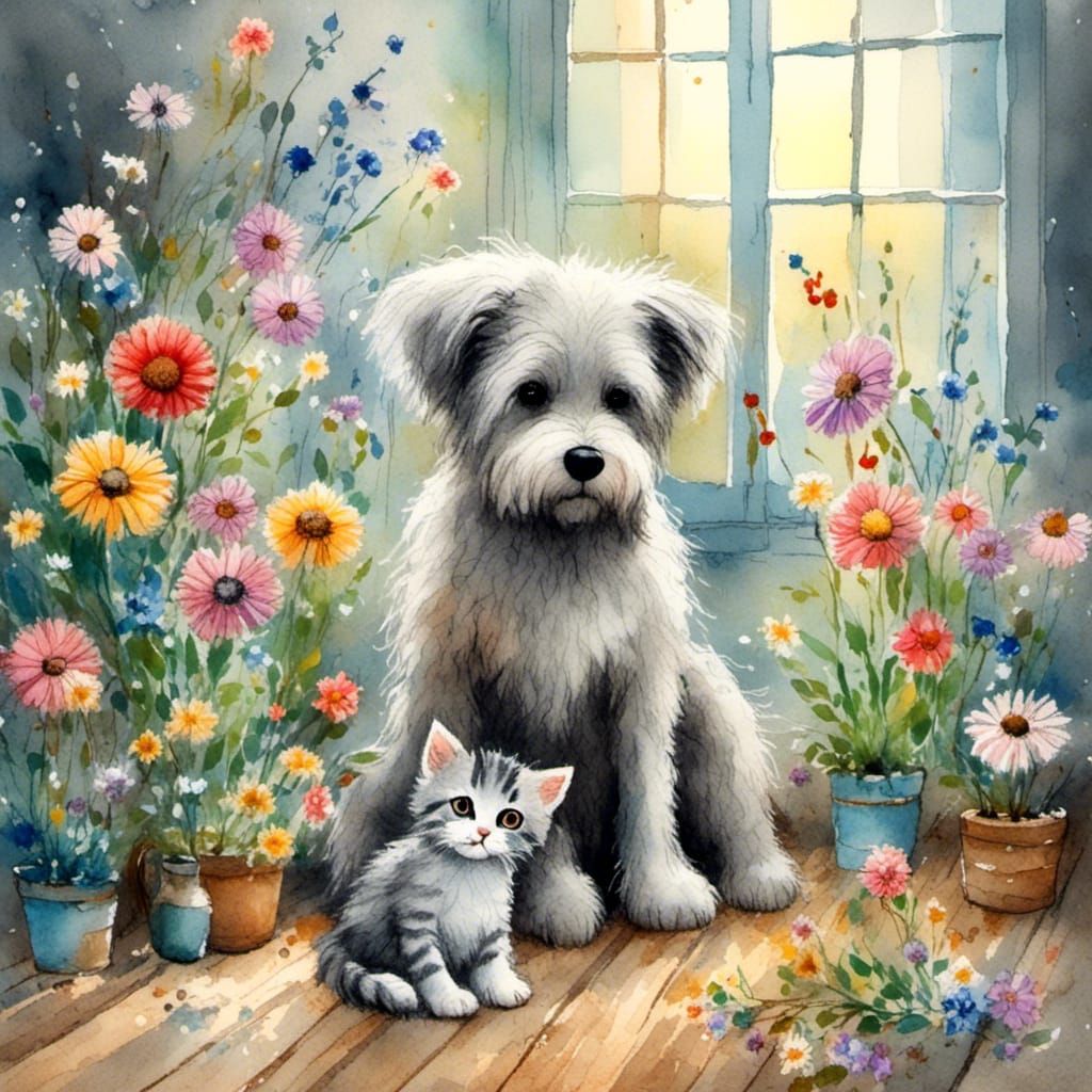 Dog and Kitten Embrace in Naive Watercolor Painting