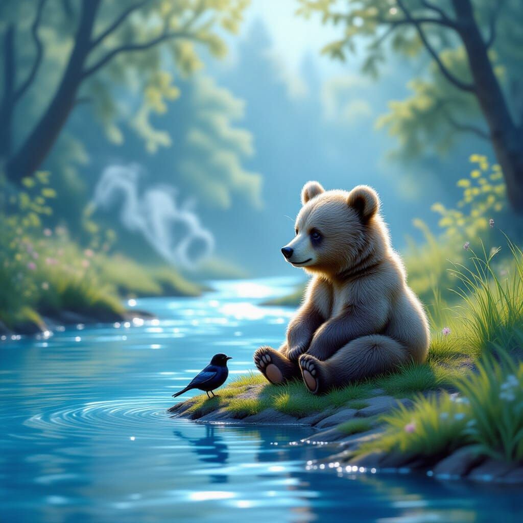 Ethereal Baby Bear and Bird by River in Soft Light