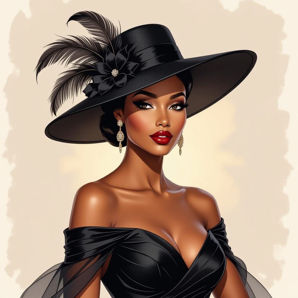Elegant Black Woman in Gown with Feathered Hat