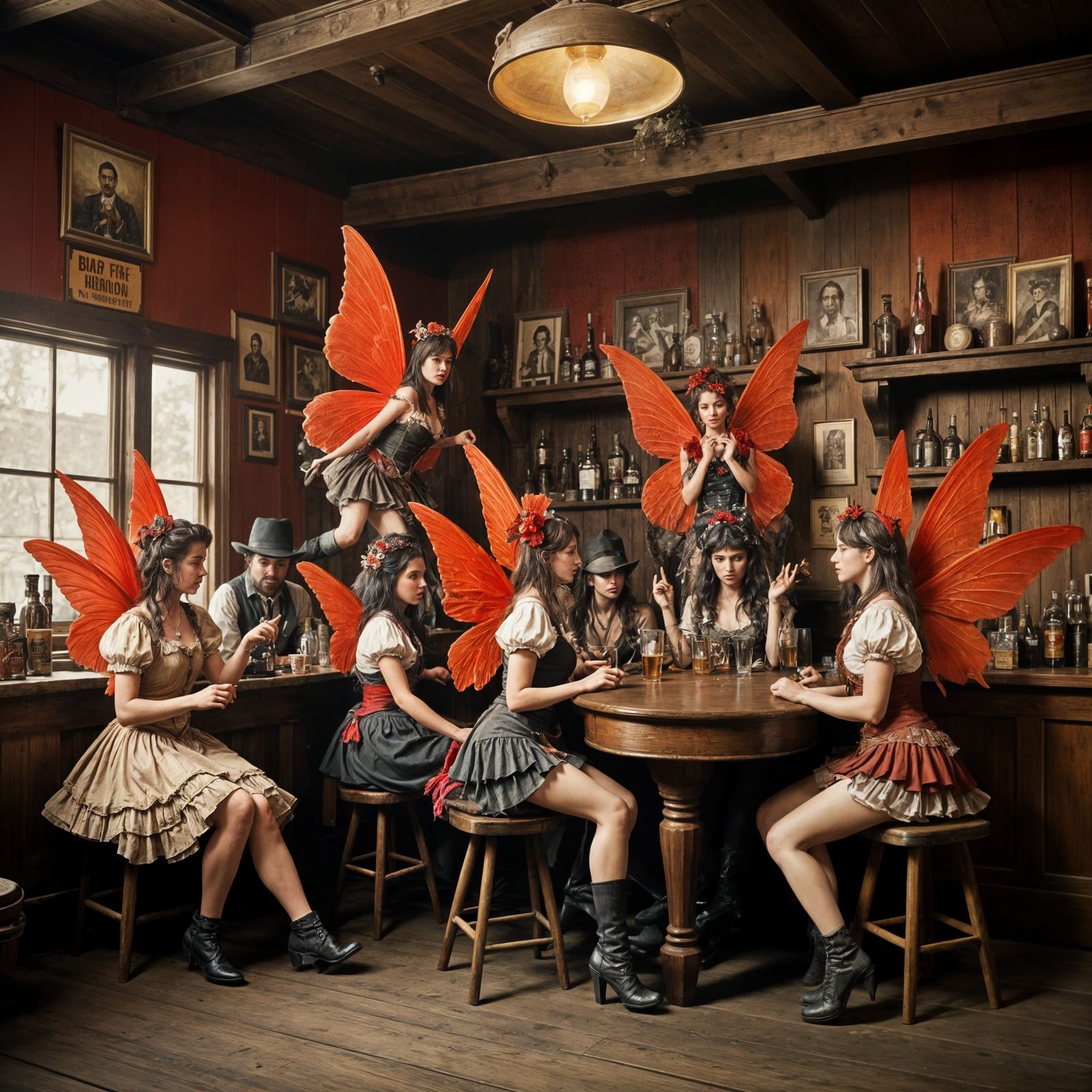 Fairies Socializing in Old West Saloon: Tintype Photo