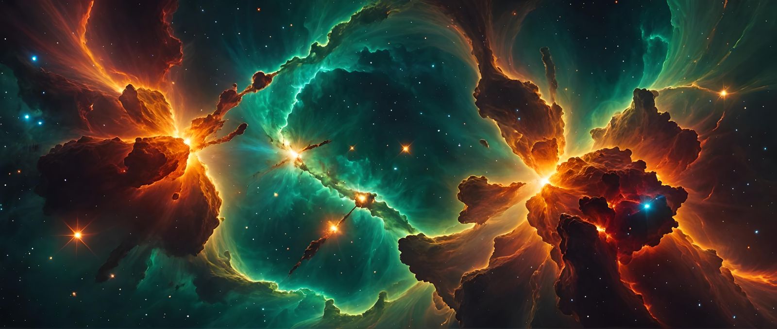 Fiery Galaxies Collide in Nebula, Hyperrealistic Art